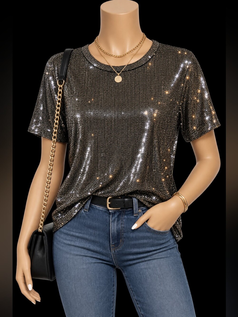 Ces Femme Silver Gold Metallic Sequin Short Sleeve Blouse Top Small Great Cond